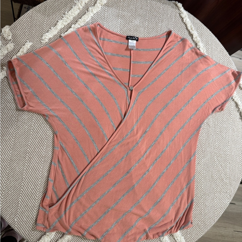 Peach Striped V-Neck Short Sleeve Tee